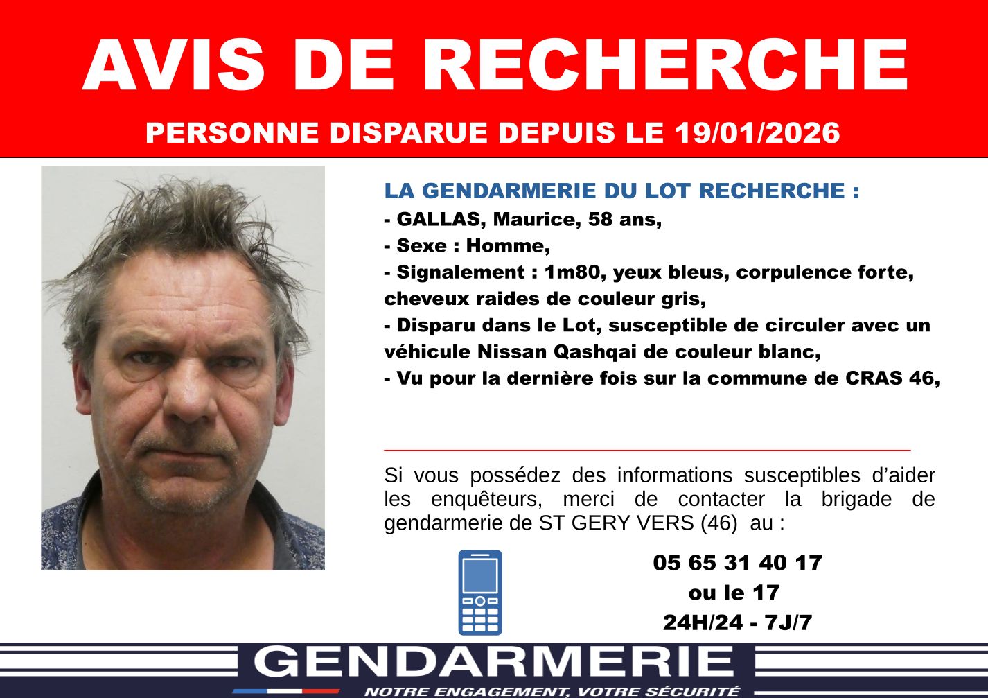 Disparition inquiétante : Un appel à témoins lancé pour retrouver un quinquagénaire 